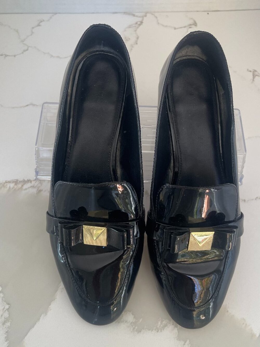 Michael Kors Black Patent Loafers with Gold Bow Accent